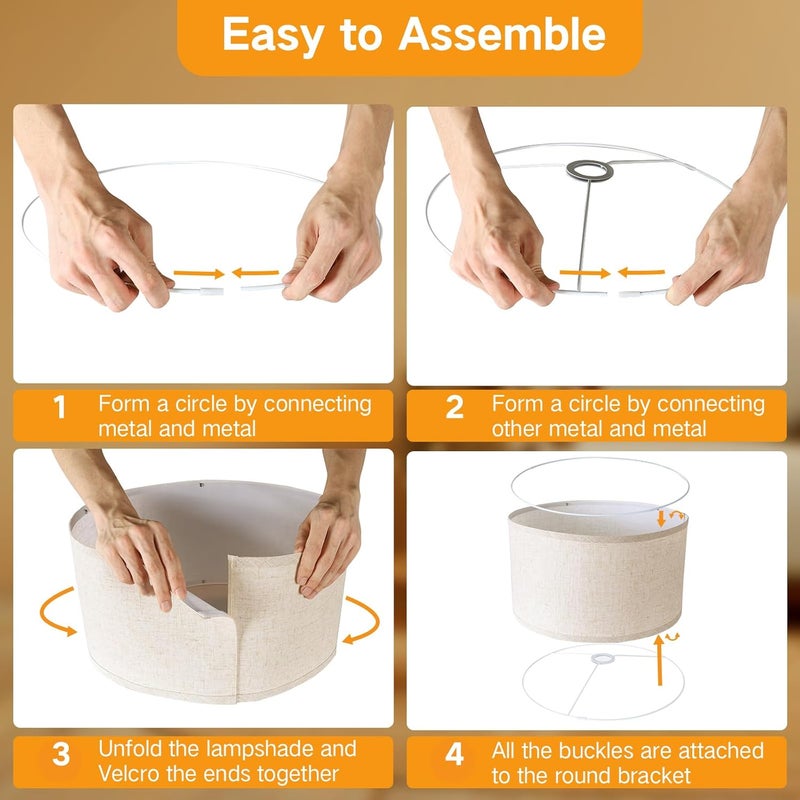 OUTON Beige Lamp shades Set of 2, Large Drum Lamp Shades for Floor Lamps, 16" Top x 16" Bottom x 9" High, Easy to Assemble, Replacement Linen Lampshades for Table Lamps & Bedside Lamps (1.65" Spider) - Image 5